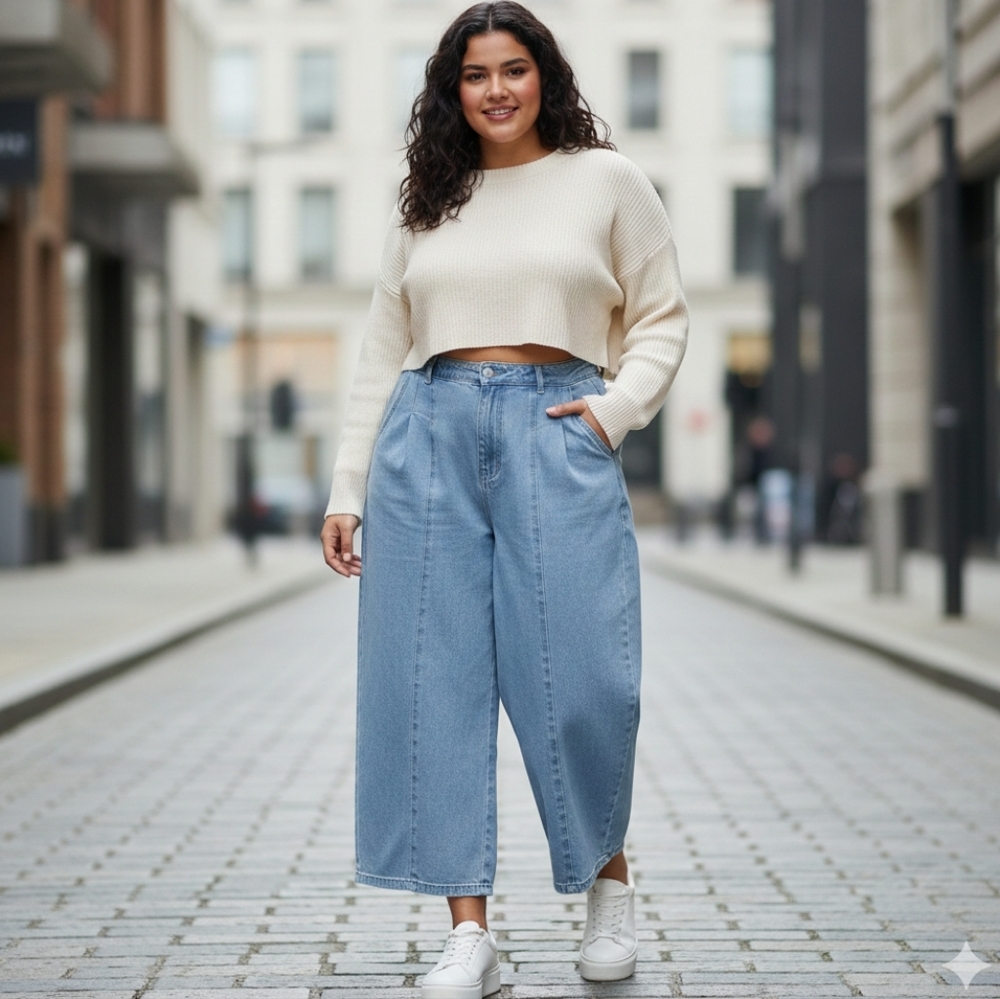 Blue Wide Leg Barrel Jeans Women’s Size 14 High Rise Pleated Crop Denim Pants